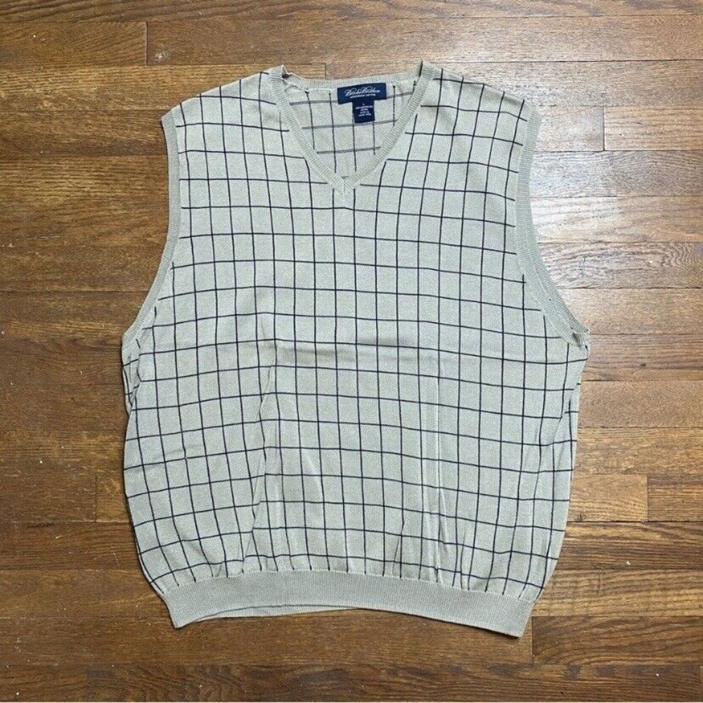 Brooks Brothers Sweater Vest Mens L Tan Plaid V Neck Sleeveless Knit Golf